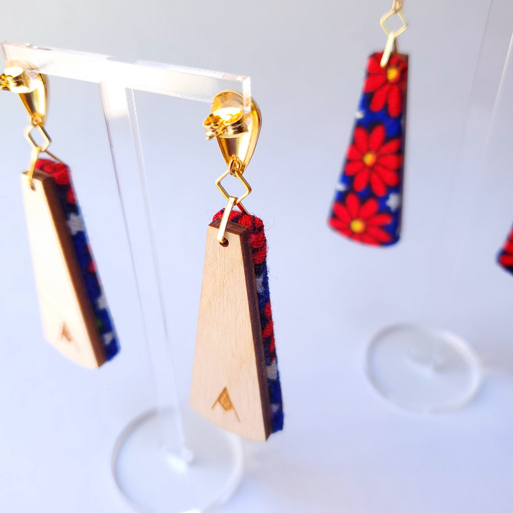 1970s red & blue flower power Sustainable Textile Earrings made from vintage fabric. Sustainable handmade by jewelry designer Anne Marie Beard in Austin, Texas.