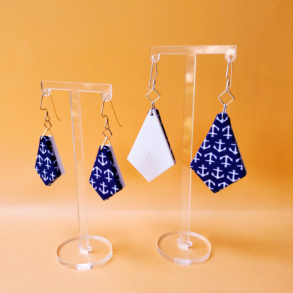 Anchors Away Necktie fabric textile earrings. Handmade by designer Anne Marie Beard in Austin, Texas. Go Navy!