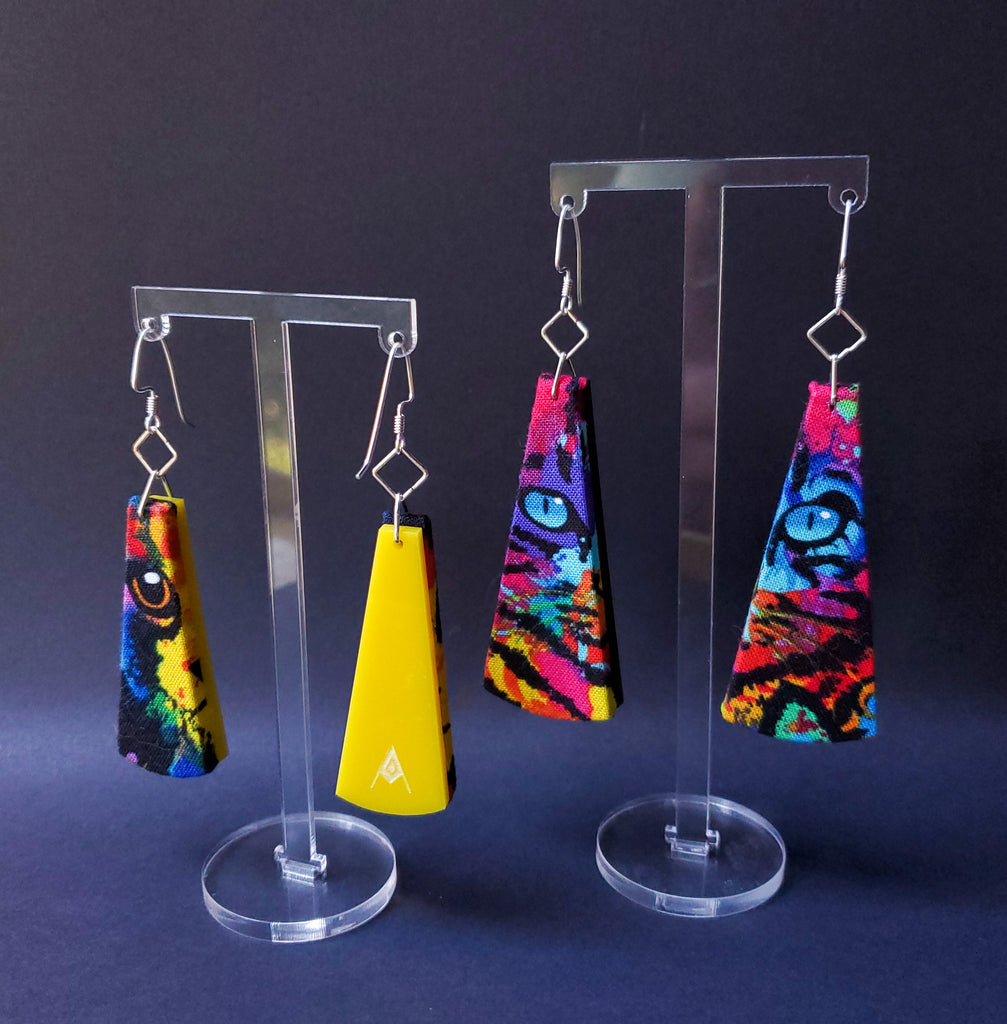 Cat Eye Sustainable Textile Earrings made from fashion waste and out of print fabrics. Handmade by jewelry designer Anne Marie Beard in Austin, Texas. Handmade in Austin, TX since 2012, y'all. 
