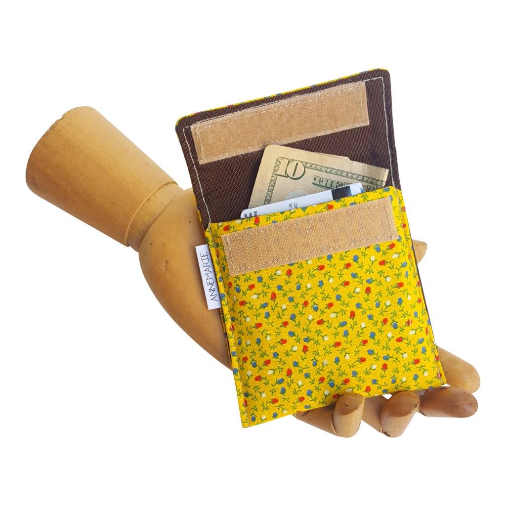 Yellow floral vintage fabric Velcro Mini Wallet by Anne Marie Beard. Handmade in Austin, Texas since 2004 y'all! annemarie mini wallet austin texas