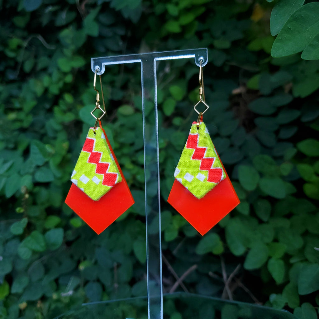 Electric Geometric - Textile Earrings Made from 1950s fabric and acrylic. By Austin designer Anne Marie Beard.