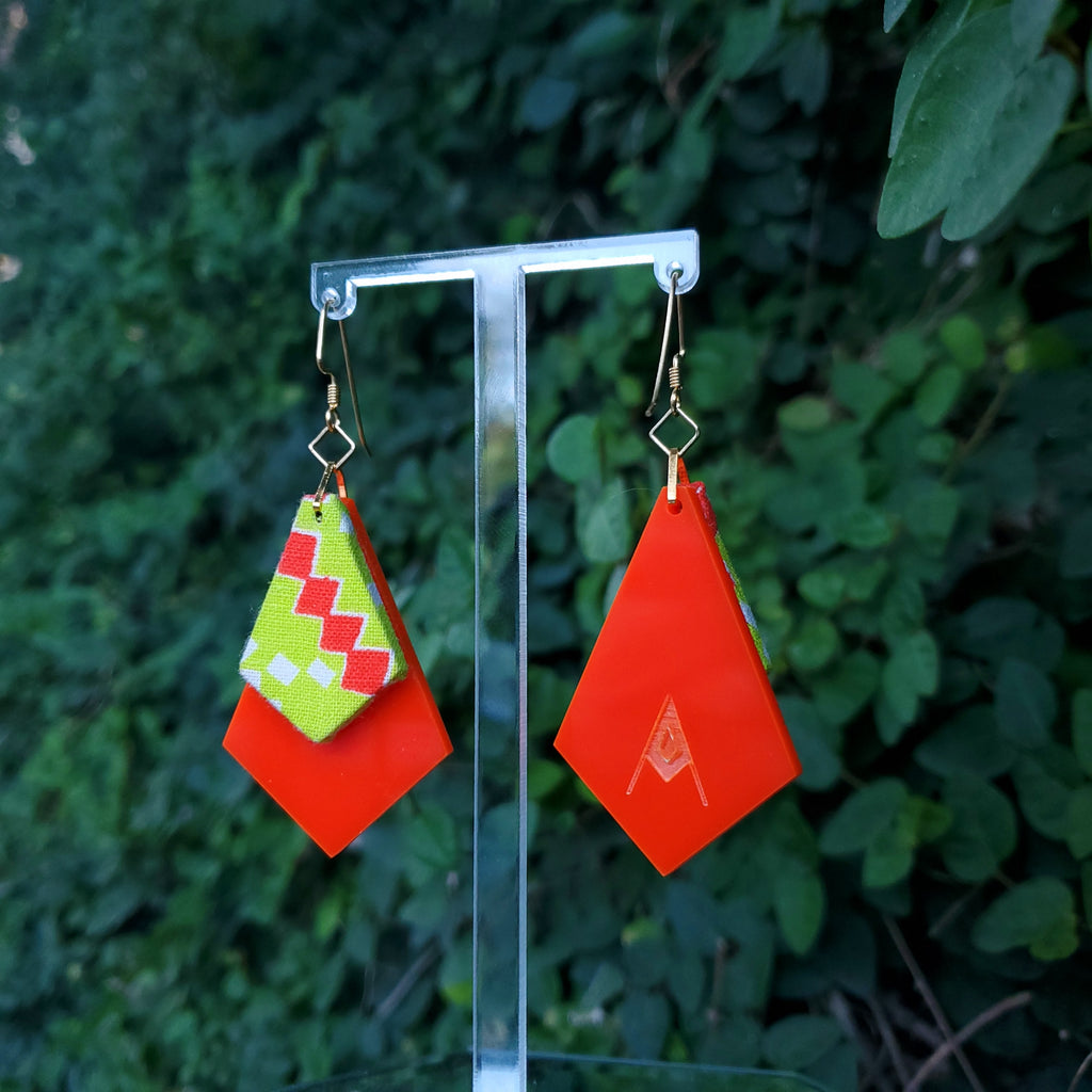 Electric Geometric - Textile Earrings Made from 1950s fabric and acrylic. By Austin designer Anne Marie Beard.