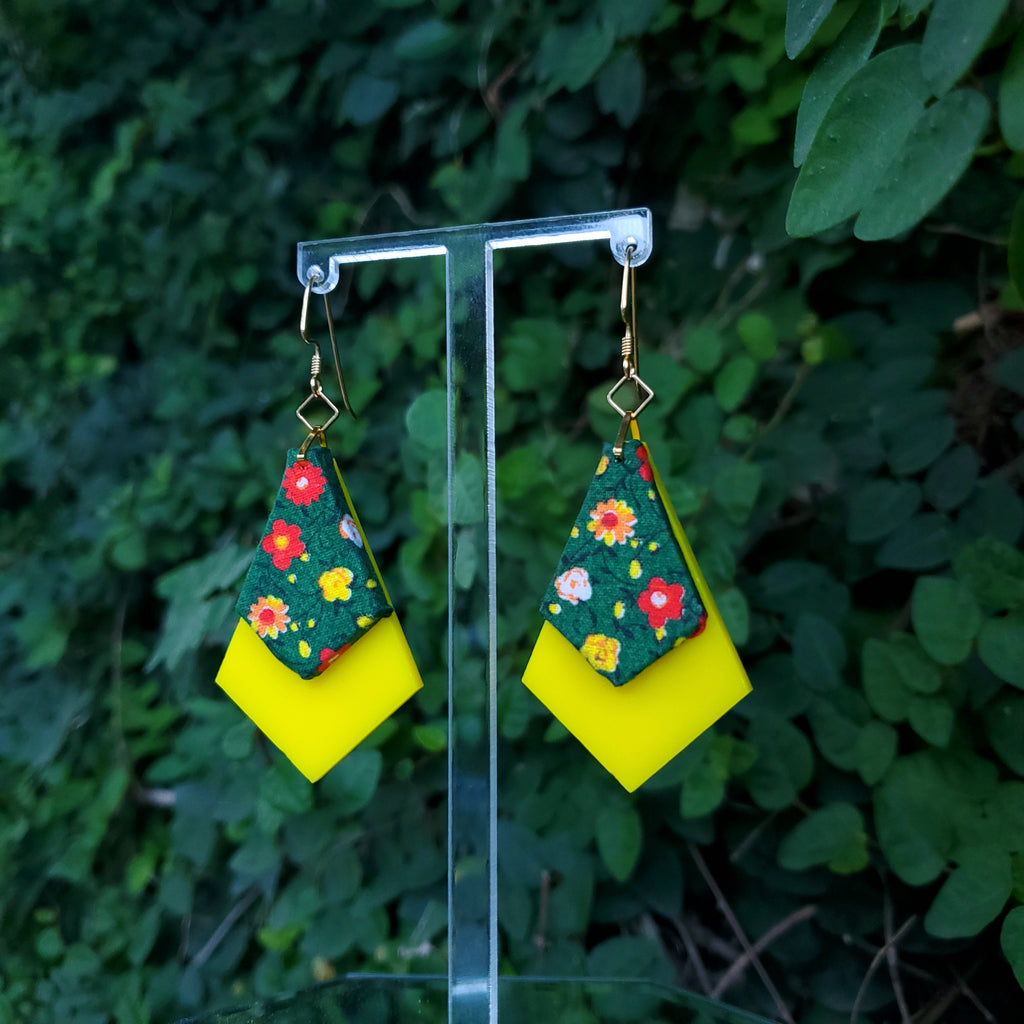 Spring Flowers - Textile Earrings Made from 1980s fabric and acrylic. By Austin designer Anne Marie Beard.