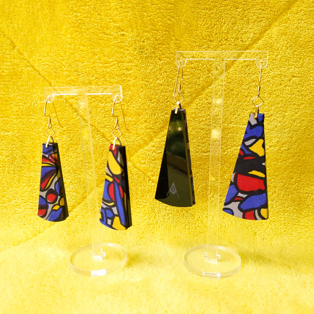 1950s Stained Glass print vintage Textile Earrings made from recycled clothing. Handmade by jewelry designer Anne Marie Beard in Austin, Texas.