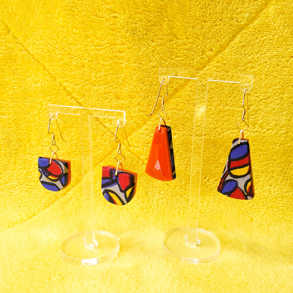 1950s Stained Glass print vintage Textile Earrings made from recycled clothing. Handmade by jewelry designer Anne Marie Beard in Austin, Texas.