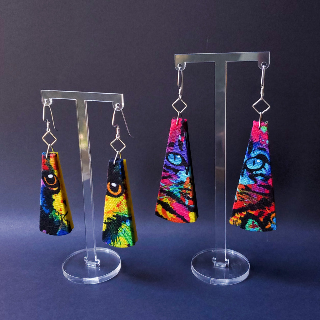 Cat Eye Textile Earrings made from fashion waste. Sustainable handmade by jewelry designer Anne Marie Beard in Austin, Texas.