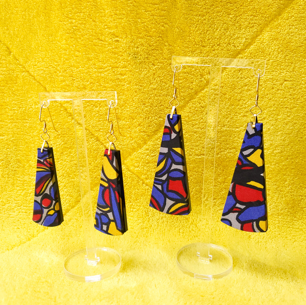 1950s Stained Glass Silk Textile Earrings made from recycled clothing. Handmade by jewelry designer Anne Marie Beard in Austin, Texas.