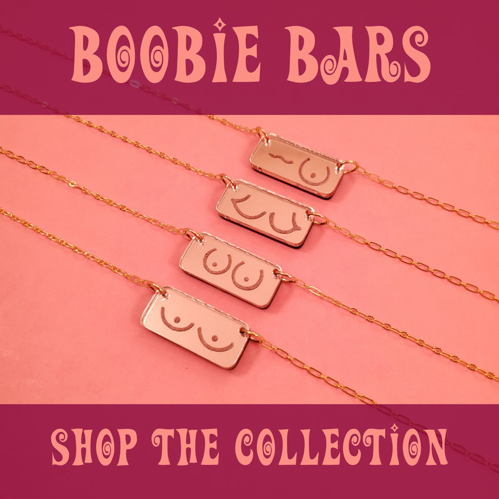 Boobie Bar Necklace Designs in Pink by Anne Marie Beard of Austin Texas