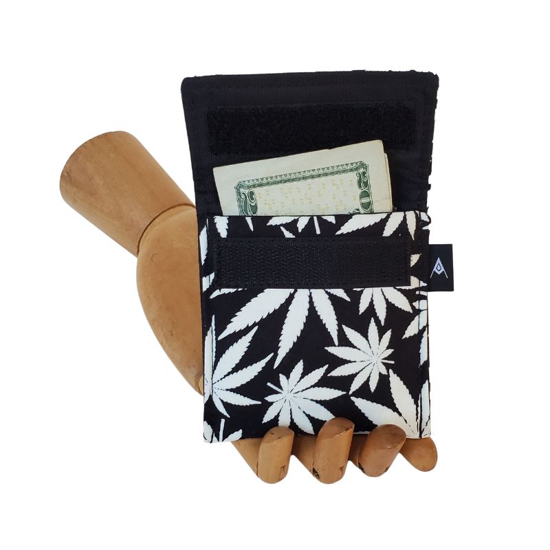 420 Hemp Print in glow-in-the-dark white on black background Velcro Mini Wallet by Anne Marie Beard. Handmade in Austin, Texas since 2004 y'all! annemarie mini wallet austin texas herb smoke 420 glow blaze