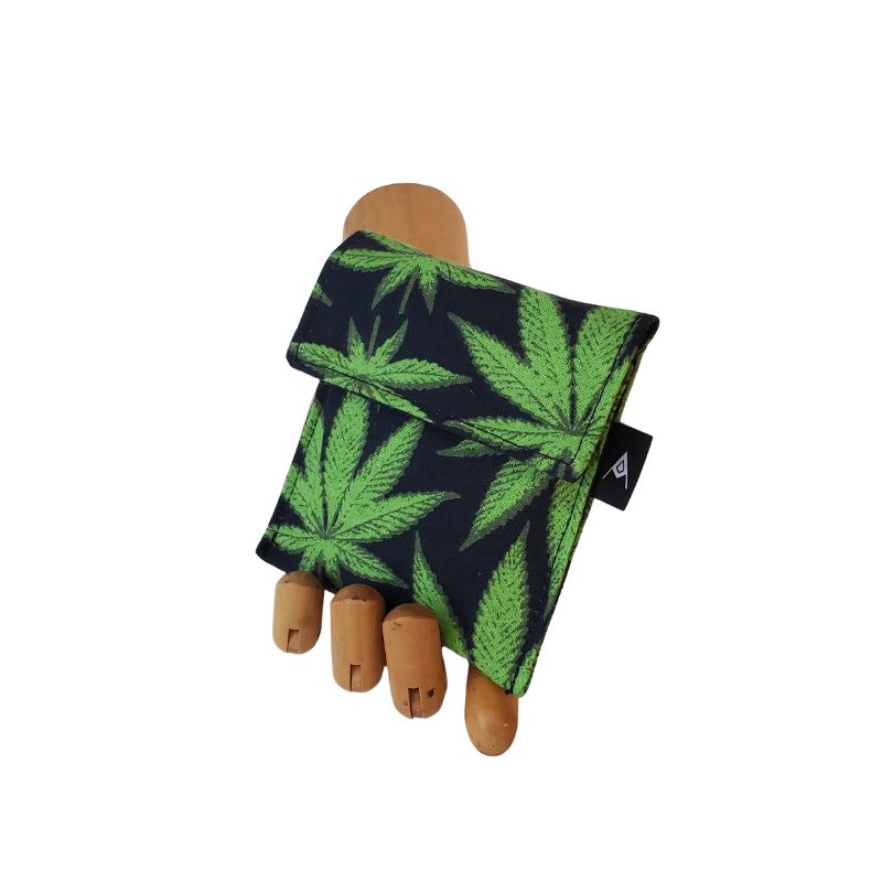 420 Phatty Cannabis Leaf Print in Green on black background, Velcro Mini Wallet by Anne Marie Beard. Hemp Fabric grown & milled in the U.S.A. Handmade in Austin, Texas since 2004 y'all! annemarie mini wallet austin texas herb smoke 420 glow blaze