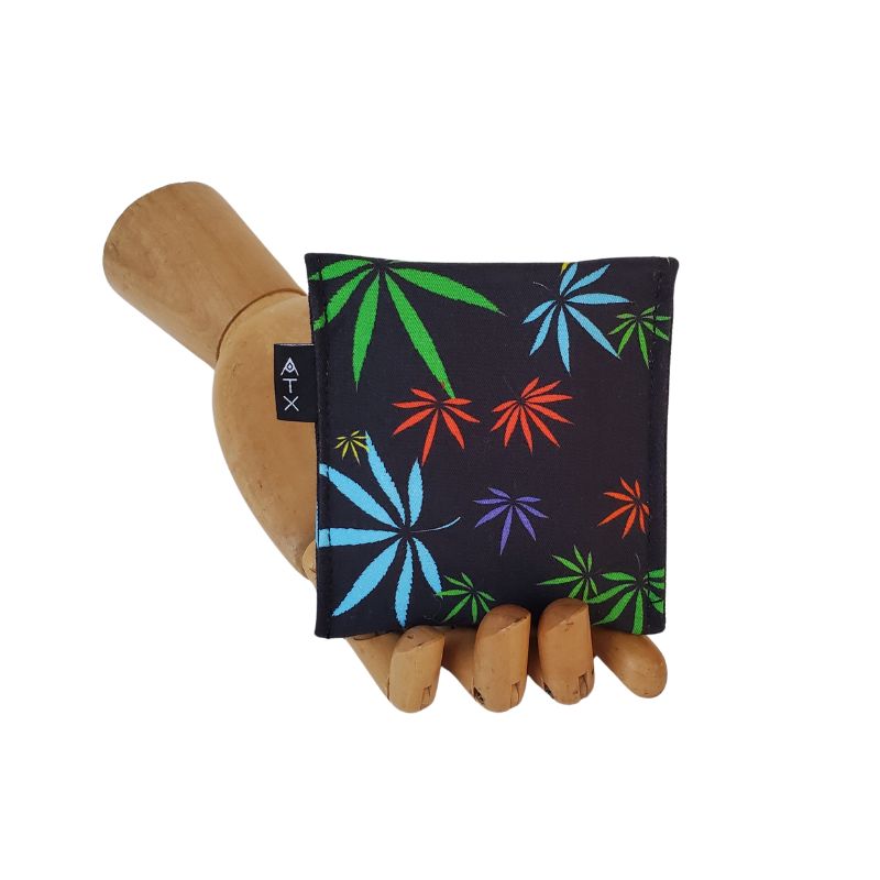 420 Hemp Print in multicolor on black background Velcro Mini Wallet by Anne Marie Beard. Handmade in Austin, Texas since 2004 y'all! annemarie mini wallet austin texas herb smoke 420