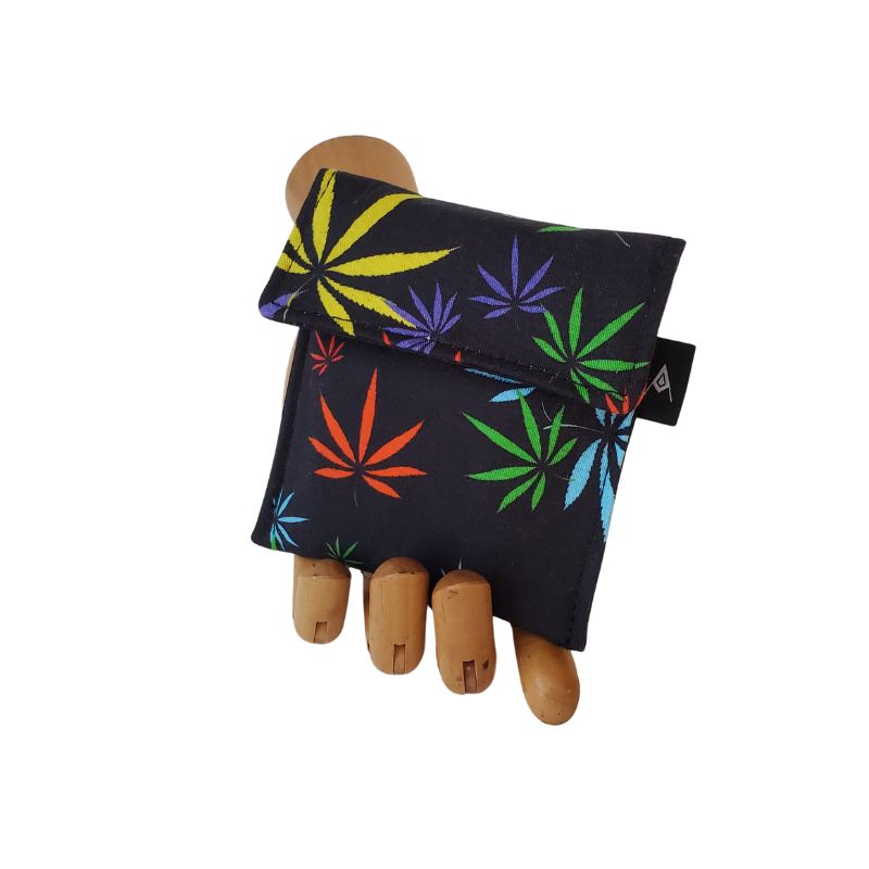 420 Hemp Print in multicolor on black background Velcro Mini Wallet by Anne Marie Beard. Handmade in Austin, Texas since 2004 y'all! annemarie mini wallet austin texas herb smoke 420