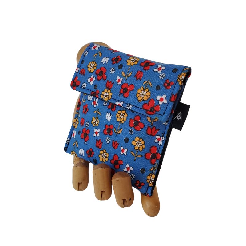 Vintage Fabric 70s Blue Floral with red and yellow flowers Velcro Mini Wallet by Anne Marie Beard. Handmade in Austin, Texas since 2004 y'all! annemarie mini wallet austin texas