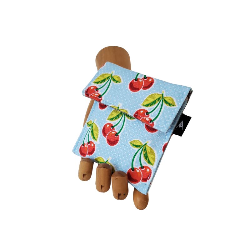 Cherries  on blue background Velcro Mini Wallet by Anne Marie Beard. Handmade in Austin, Texas since 2004 y'all! annemarie mini wallet austin texas cherry cherries vintage style cherry bomb pinup