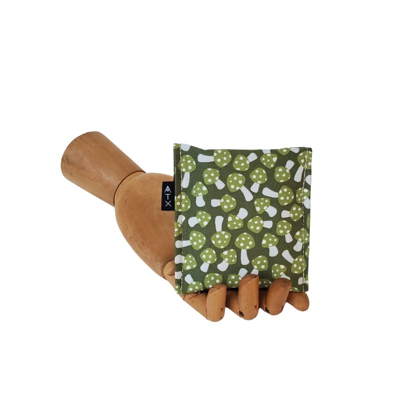 Groovy Mushroom Print Velcro Mini Wallet by Anne Marie Beard. Handmade in Austin, Texas since 2004 y'all! annemarie mini wallet austin texas green hippy hippie shrooms