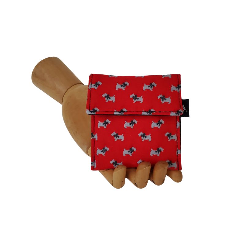 Itty Bitty Scottie Dogs on a red background. Velcro Mini Wallet by Anne Marie Beard. Handmade in Austin, Texas since 2004 y'all! annemarie mini wallet austin texas dogs scottie dogs vintage fabric 1980s