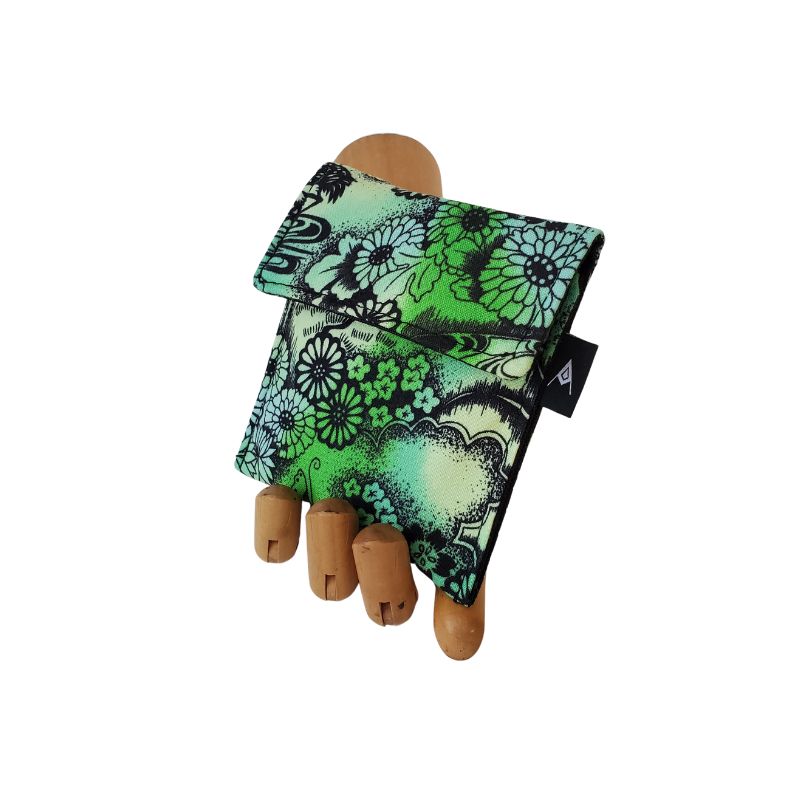 Elaborate Japanese style garden print on a green background. Velcro Mini Wallet by Anne Marie Beard. Handmade in Austin, Texas since 2004 y'all! annemarie mini wallet austin texas garden japanese floral limited edition