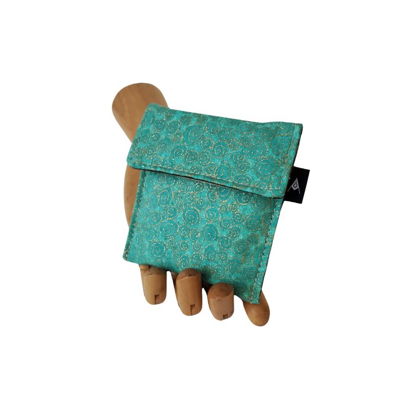 Gustav Klimt inspired metallic gold swirls on a mint green background. Velcro Mini Wallet by Anne Marie Beard. Handmade in Austin, Texas since 2004 y'all! annemarie mini wallet austin texas mint green swirls circles art nouveau