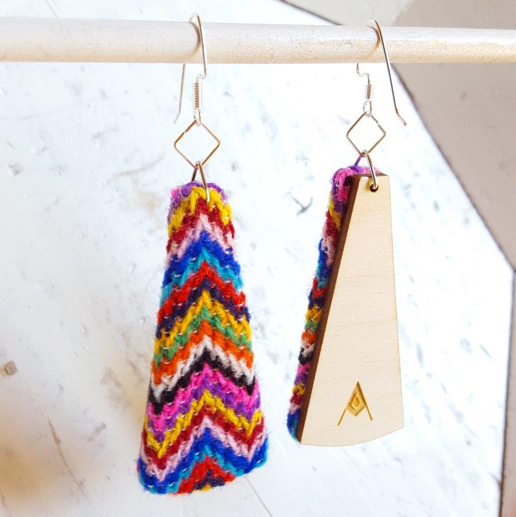 Sweater Knit 1970s Chevron ZigZag Rainbow Sustainable Textile Earrings made from vintage fabric. Sustainable handmade by jewelry designer Anne Marie Beard in Austin, Texas. 
