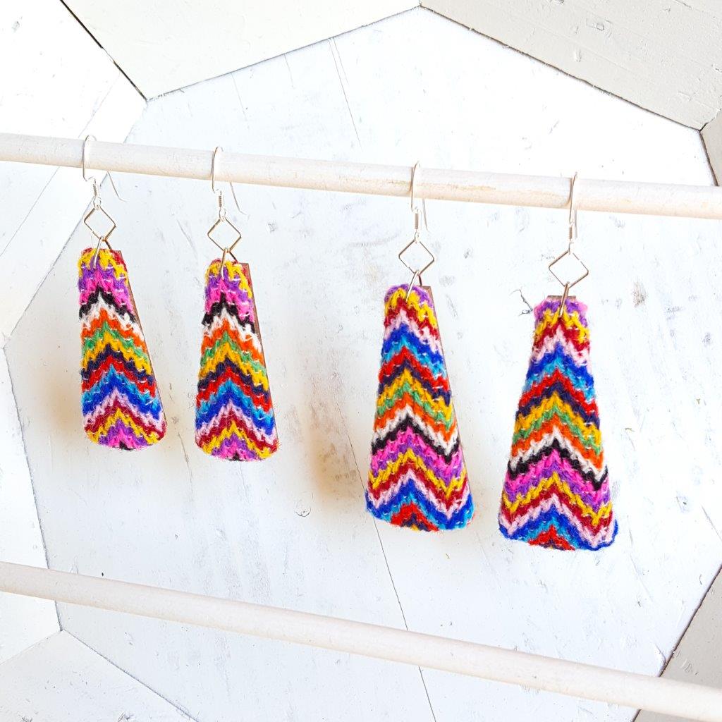 Sweater Knit 1970s Chevron ZigZag Rainbow Sustainable Textile Earrings made from vintage fabric. Sustainable handmade by jewelry designer Anne Marie Beard in Austin, Texas. 