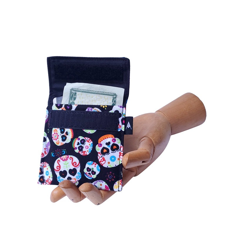 Sugar Skull Print Velcro Mini Wallet by Anne Marie Beard. Handmade in Austin, Texas since 2004 y'all! annemarie mini wallet austin texas