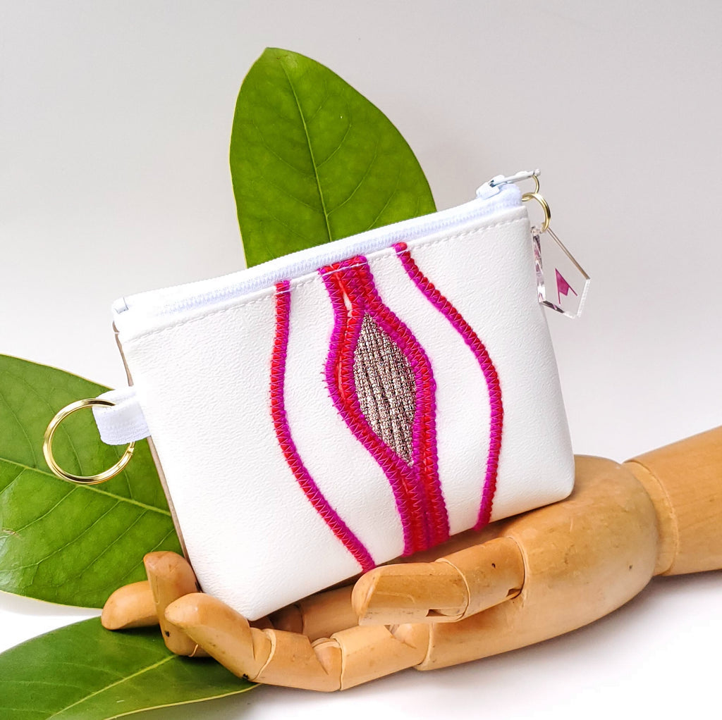 Sacred Fruit Pink and gold Embroidered Vagina Vulva Wallet by Anne Marie Beard. Handmade in Austin, Texas since 2002 y'all! annemarie mini wallet austin texas