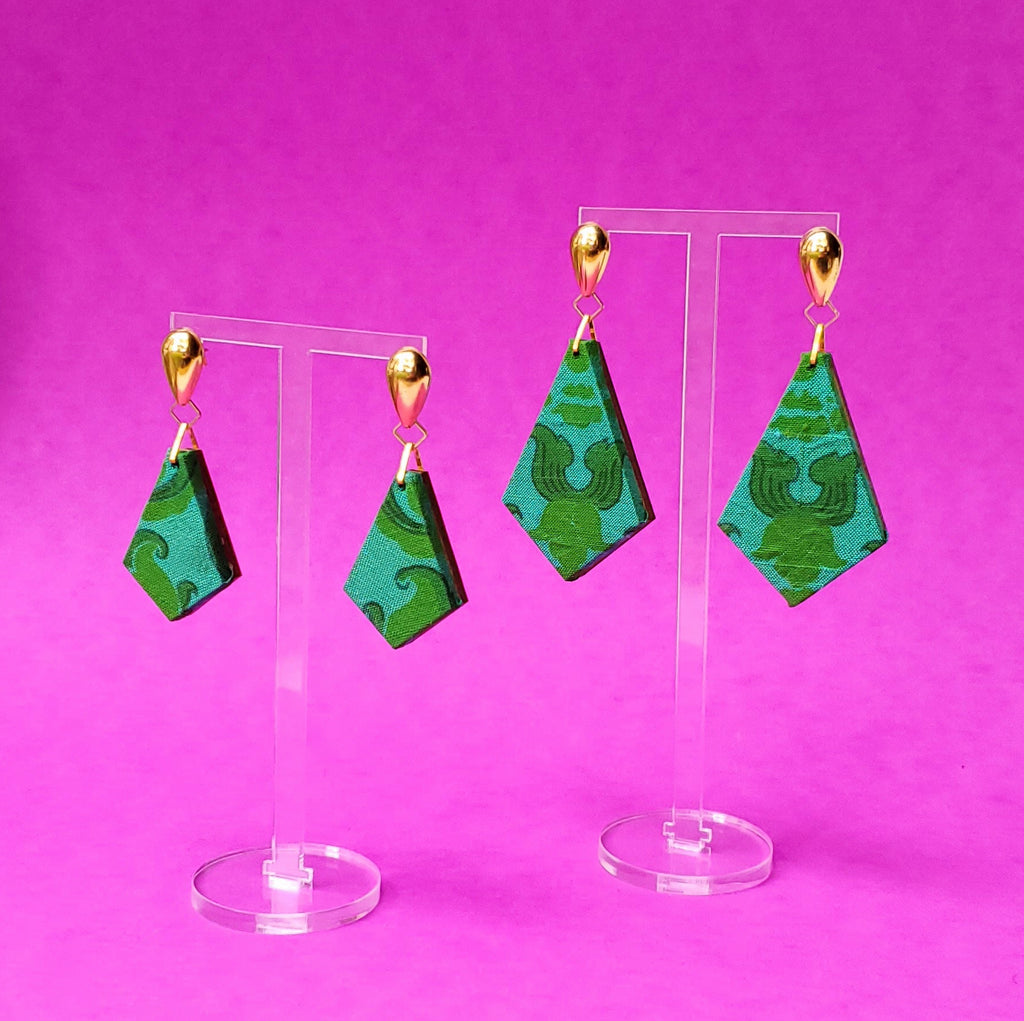 Emerald Green Silk fabric sustainable textile earrings. Handmade by designer Anne Marie Beard in Austin, Texas