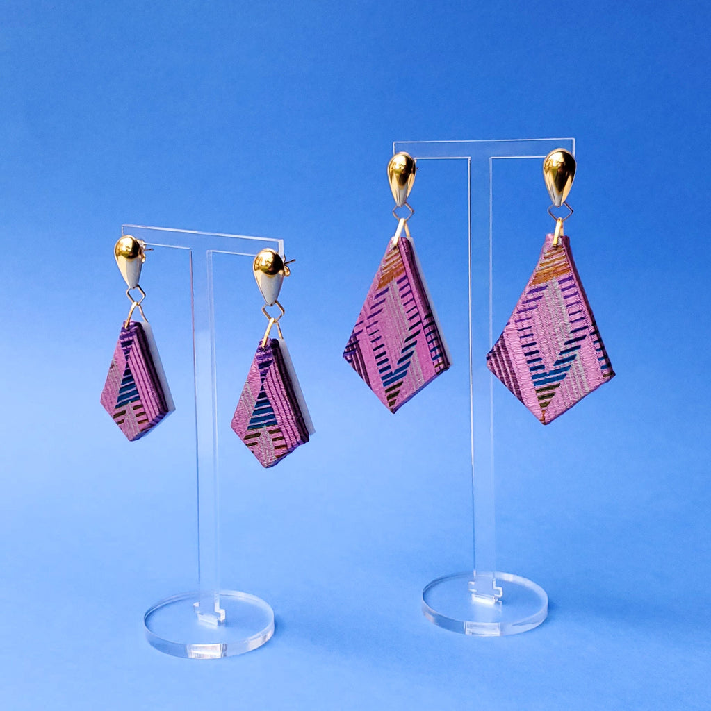 Mauve Diamond Print recycled necktie sustainable textile earrings. Handmade by designer Anne Marie Beard in Austin, Texas
