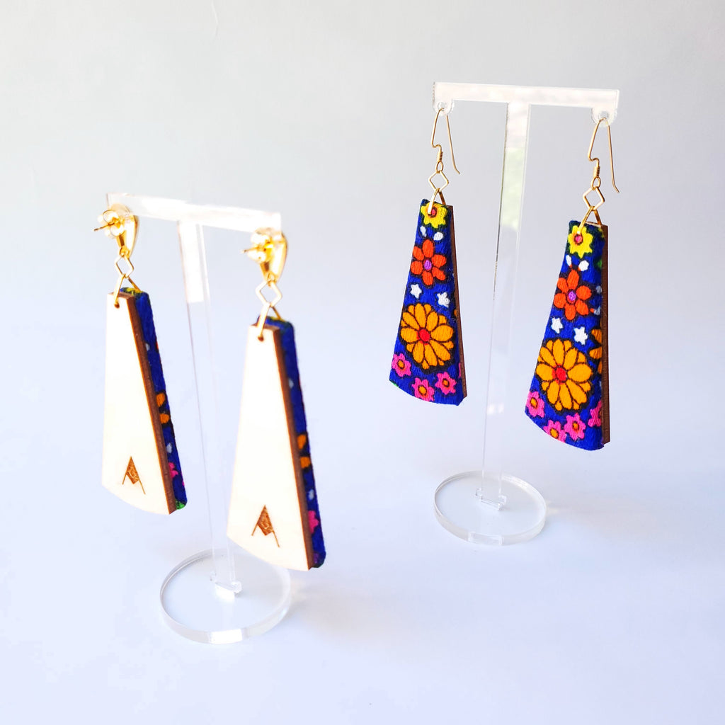 1970s orange & blue flower power Sustainable Textile Earrings made from vintage fabric. Sustainable handmade by jewelry designer Anne Marie Beard in Austin, Texas.