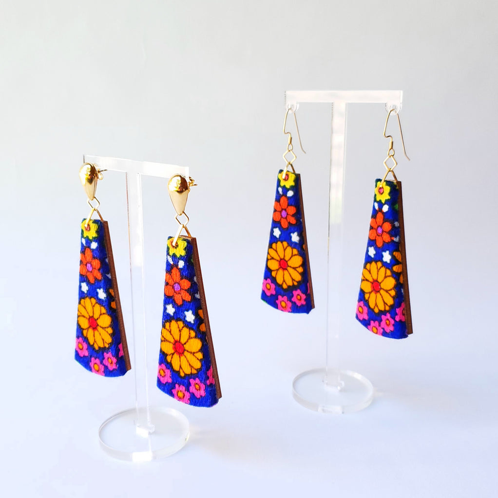 1970s orange & blue flower power Sustainable Textile Earrings made from vintage fabric. Sustainable handmade by jewelry designer Anne Marie Beard in Austin, Texas.