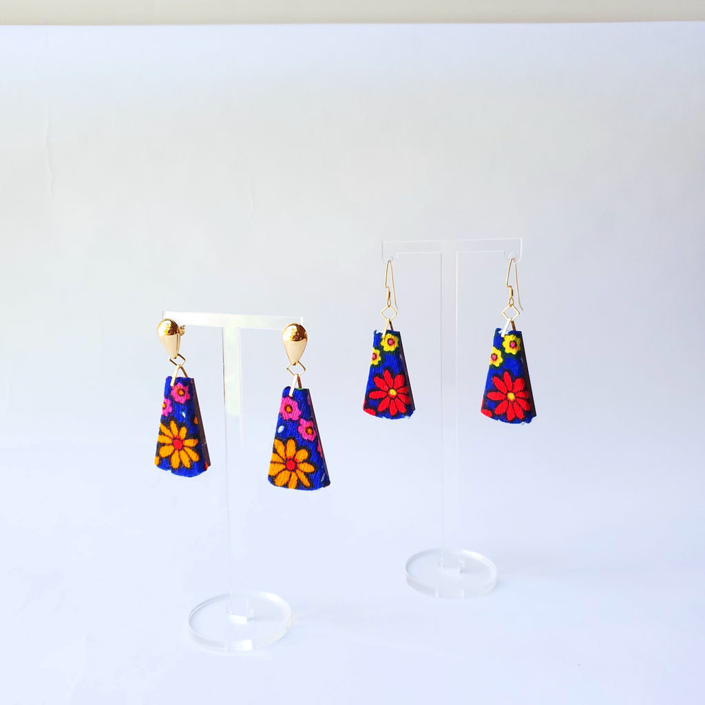 1970s red & blue flower power Sustainable Textile Earrings made from vintage fabric. Sustainable handmade by jewelry designer Anne Marie Beard in Austin, Texas.