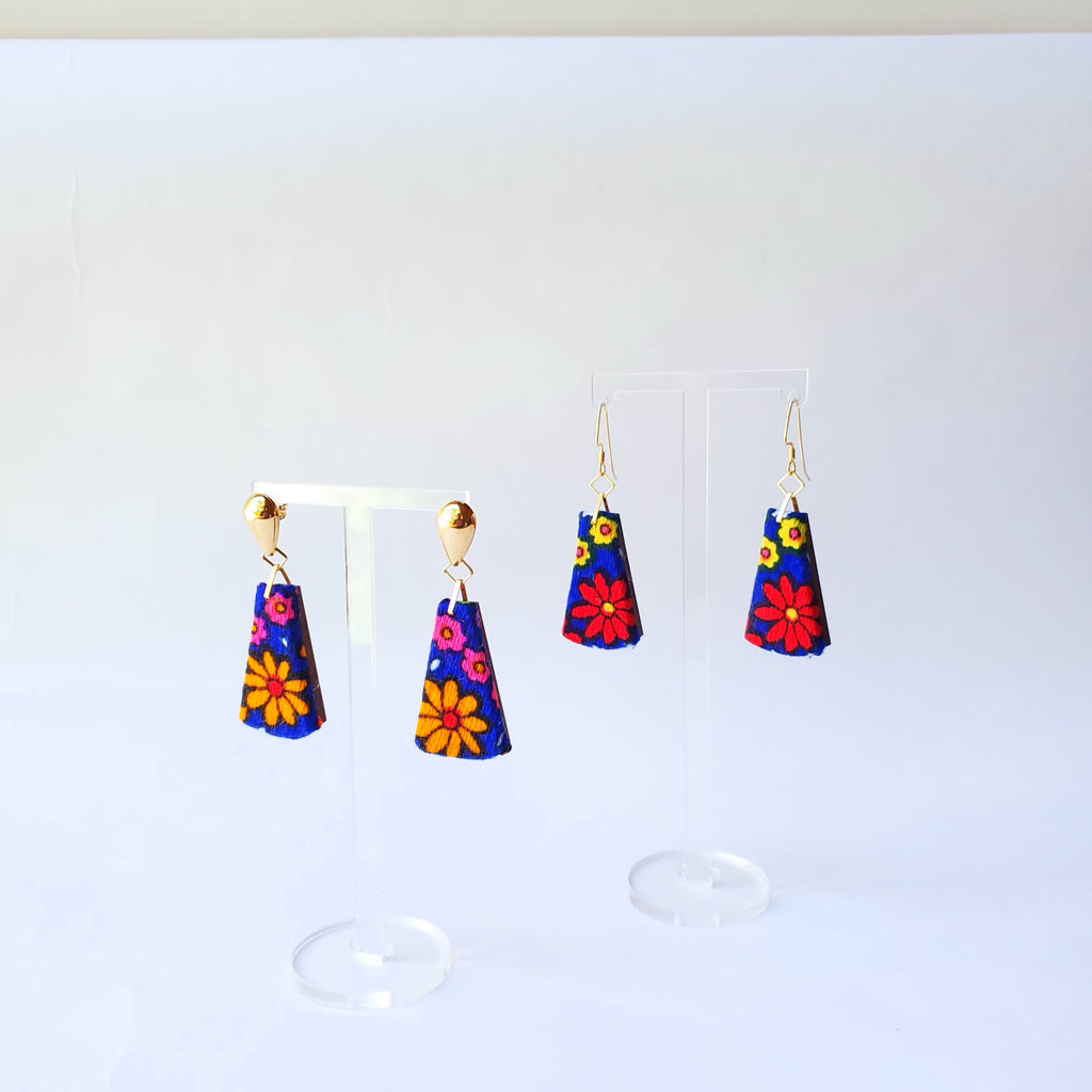 1970s orange & blue flower power Sustainable Textile Earrings made from vintage fabric. Sustainable handmade by jewelry designer Anne Marie Beard in Austin, Texas.