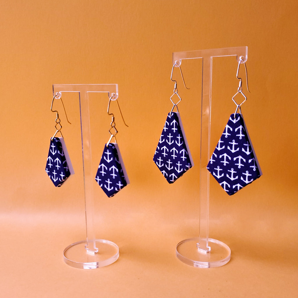 Anchors Away Necktie fabric textile earrings. Handmade by designer Anne Marie Beard in Austin, Texas. Go Navy!