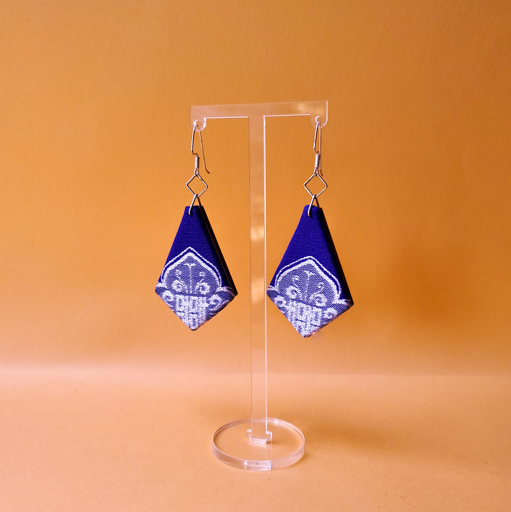 cobalt blue textile earrings sustainably made in Austin Texas by designer Anne Marie Beard.