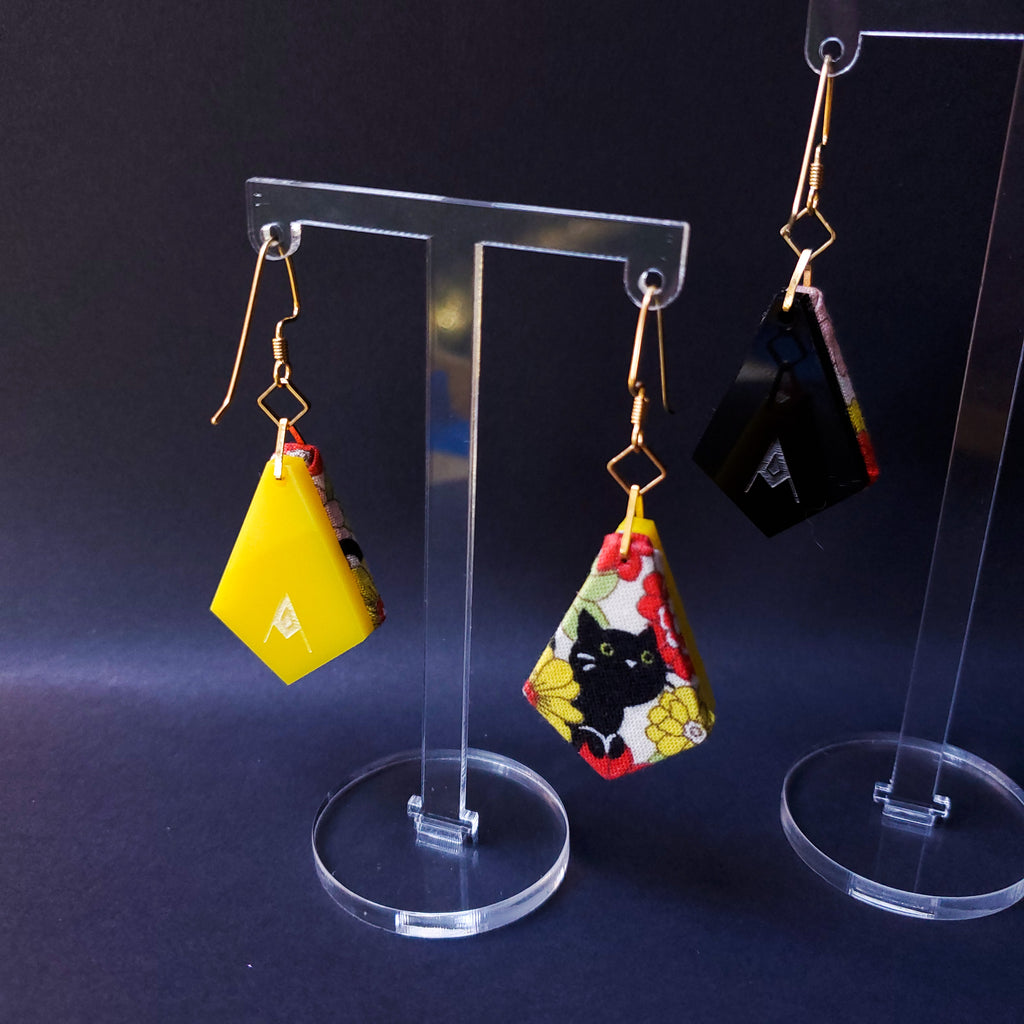Black Kitten Sustainable Textile Earrings made from Japanese fabric. Handmade by jewelry designer Anne Marie Beard in Austin, Texas