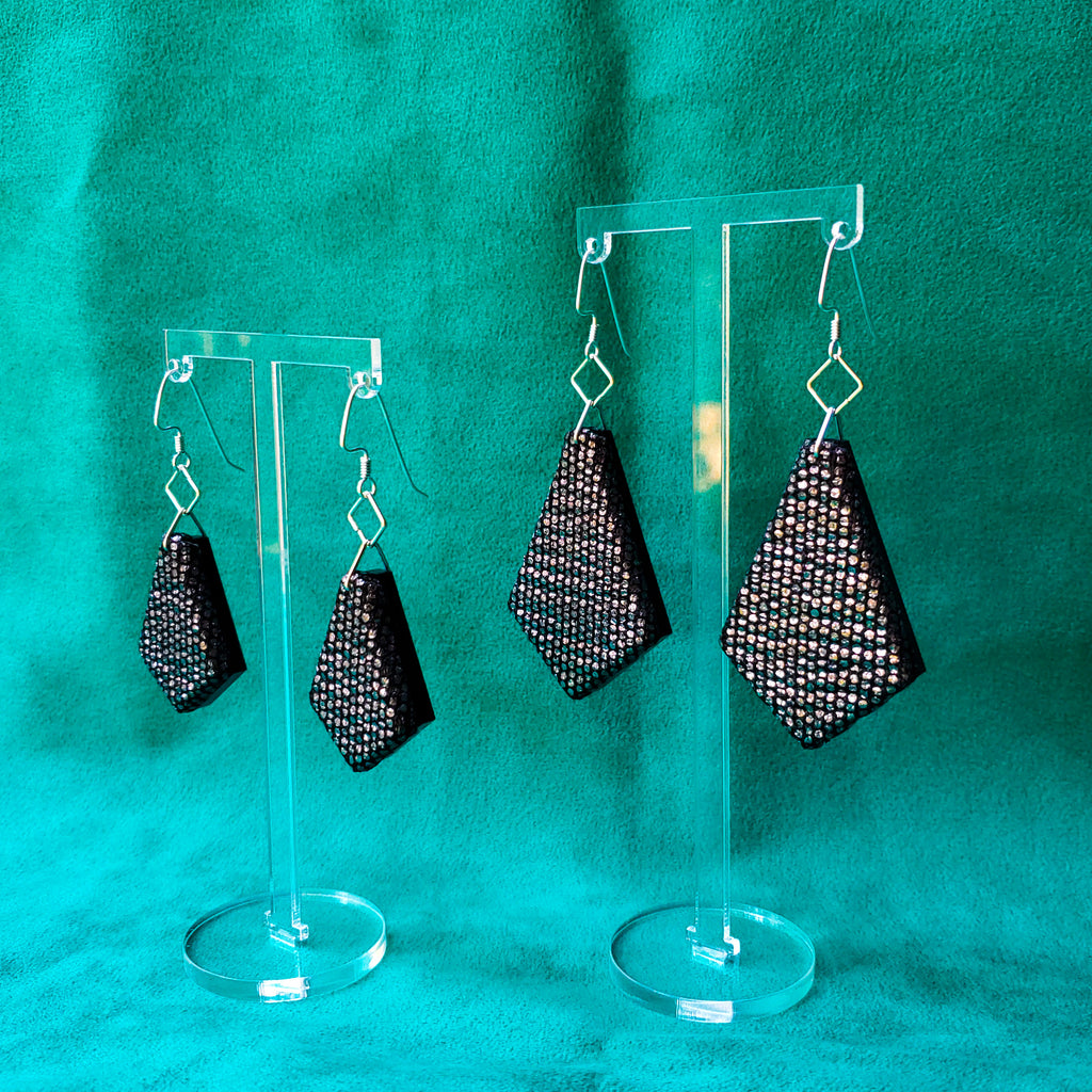 Black Shimmer Sustainable Textile Earrings made from fashion waste. Sustainable handmade by jewelry designer Anne Marie Beard in Austin, Texas.