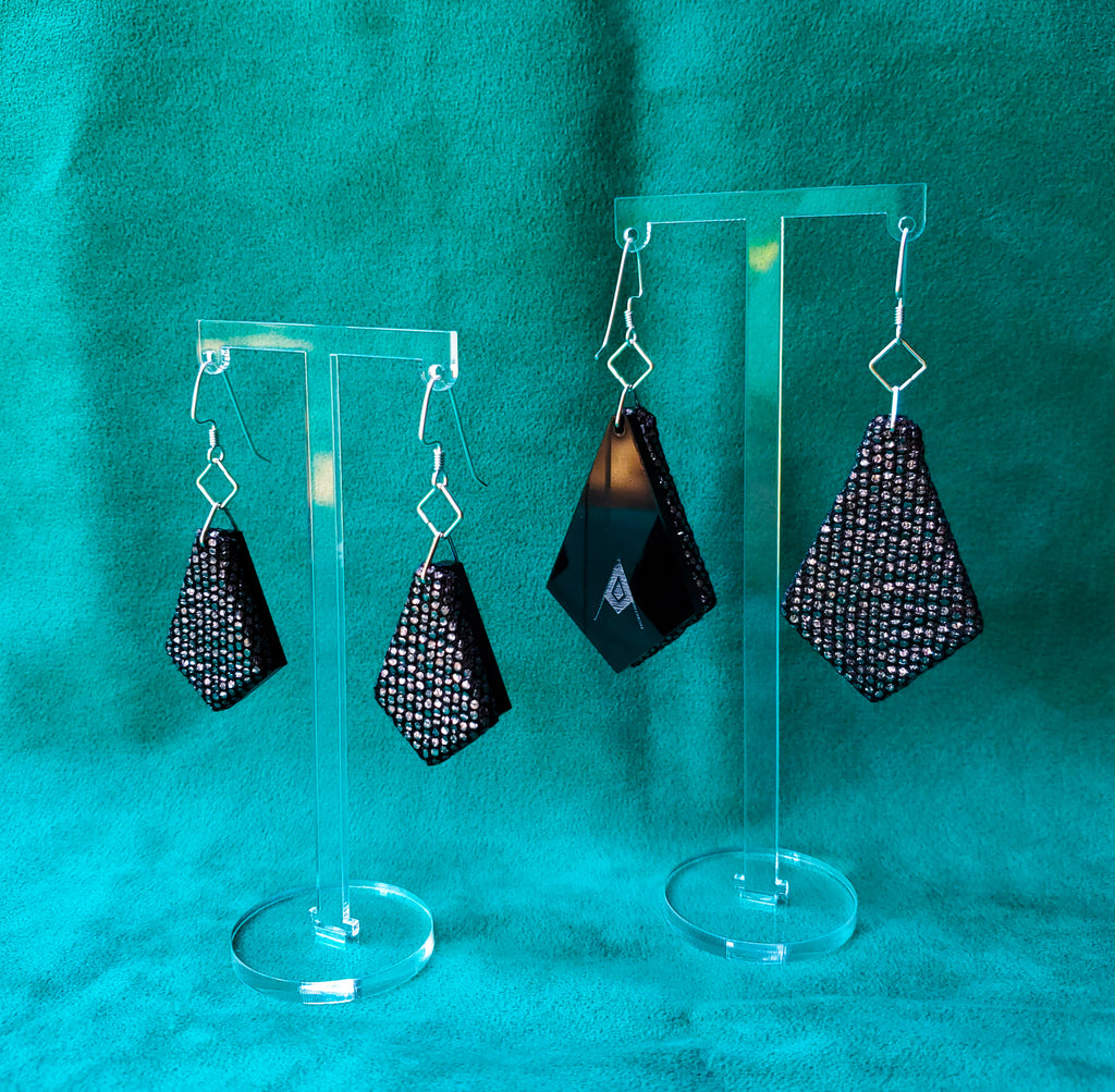 Black Shimmer Sustainable Textile Earrings made from fashion waste. Sustainable handmade by jewelry designer Anne Marie Beard in Austin, Texas.