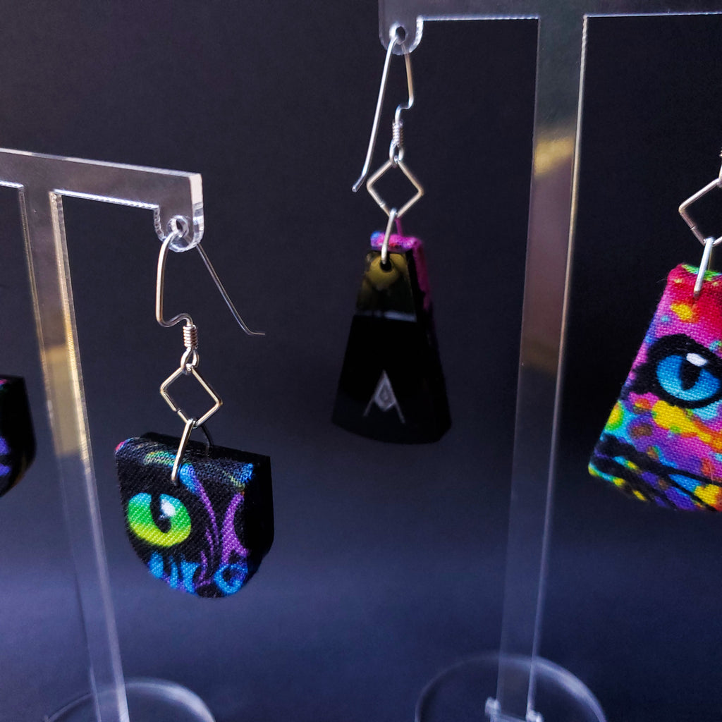 Cat Eye Sustainable Textile Earrings made from fashion waste and out of print fabrics. Handmade by jewelry designer Anne Marie Beard in Austin, Texas. Handmade in Austin, TX since 2012, y'all. 