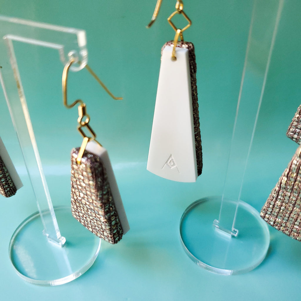 Golden Shimmer Recycled Textile Earrings. Handmade by designer Anne Marie Beard in Austin, Texas.