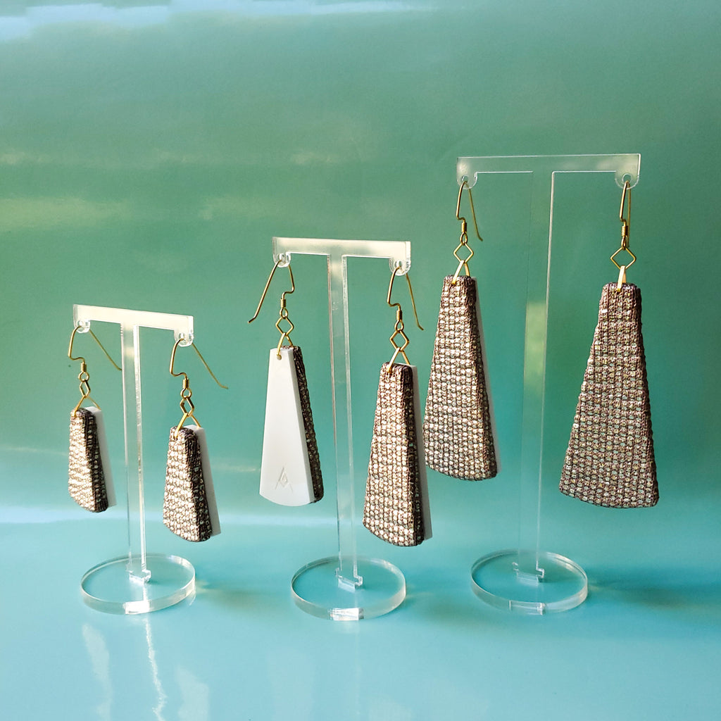 Golden Shimmer Recycled Textile Earrings. Handmade by designer Anne Marie Beard in Austin, Texas.