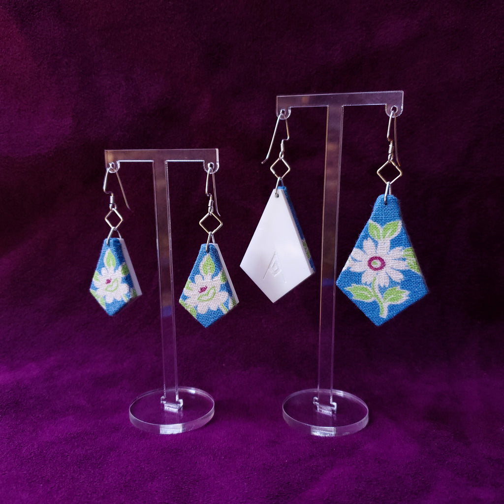 White & Blue Daisy Textile Jewelry Americn Feedsack Fabric by Jewelry Designer Anne Marie Beard in Austin, Texas