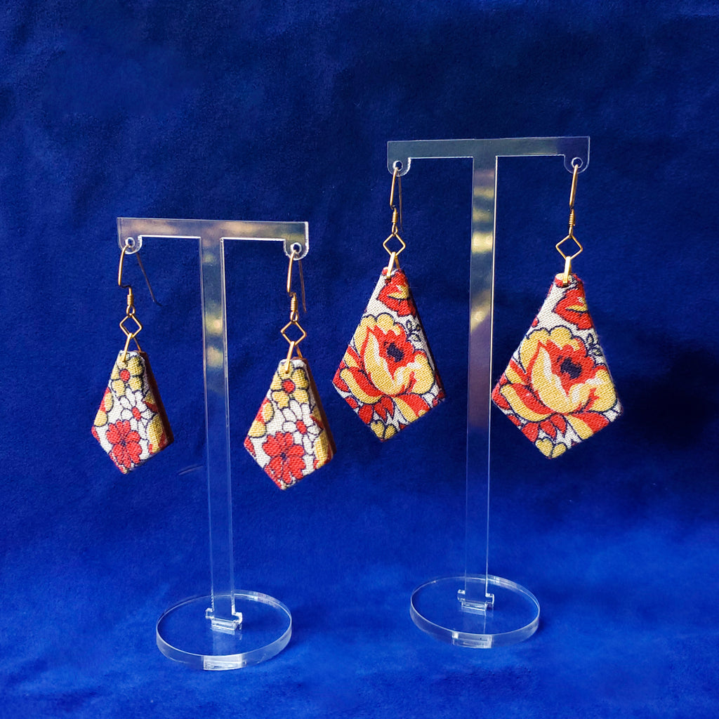 Red & Yellow Rose Textile Jewelry Americn Feedsack Fabric by Jewelry Designer Anne Marie Beard in Austin, Texas