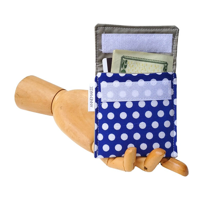 Polka Dot Print Fabric Velcro Mini Wallet by Anne Marie Beard. Handmade in Austin, Texas since 2004 y'all! annemarie mini wallet austin texas