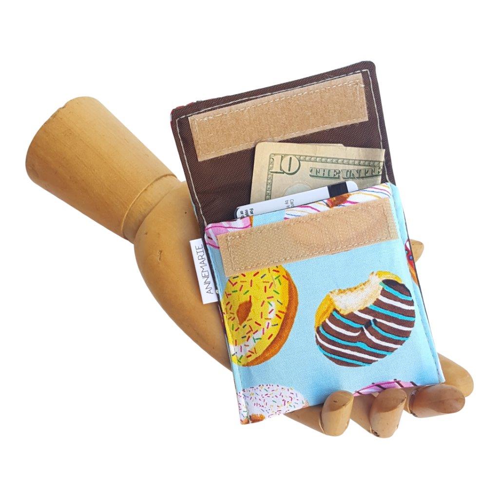 Donut print fabric Velcro Mini Wallet by Anne Marie Beard. Handmade in Austin, Texas since 2004 y'all! annemarie mini wallet austin texas