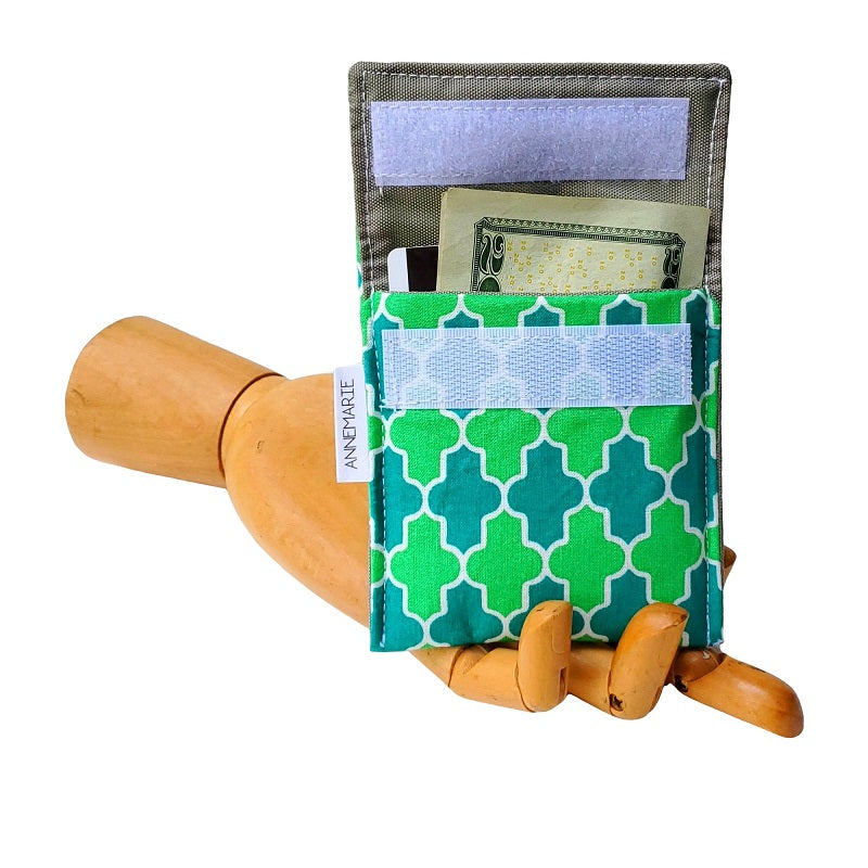 Emerald Arabesque Geometric Print Velcro Mini Wallet by Anne Marie Beard. Handmade in Austin, Texas since 2004 y'all! annemarie mini wallet austin texas