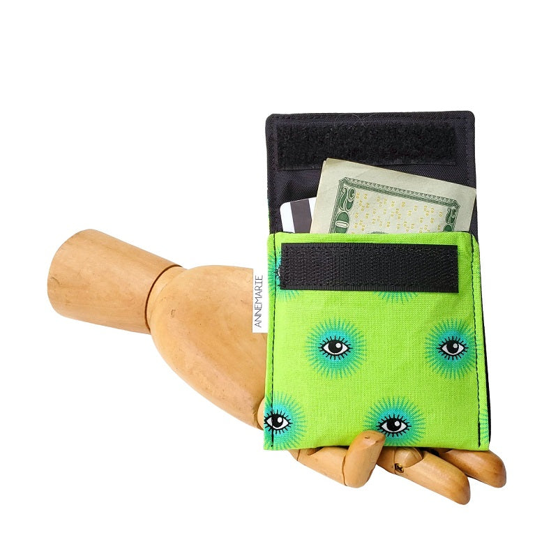 Eye print on green fabric Velcro Mini Wallet by Anne Marie Beard. Handmade in Austin, Texas since 2004 y'all! annemarie mini wallet austin texas