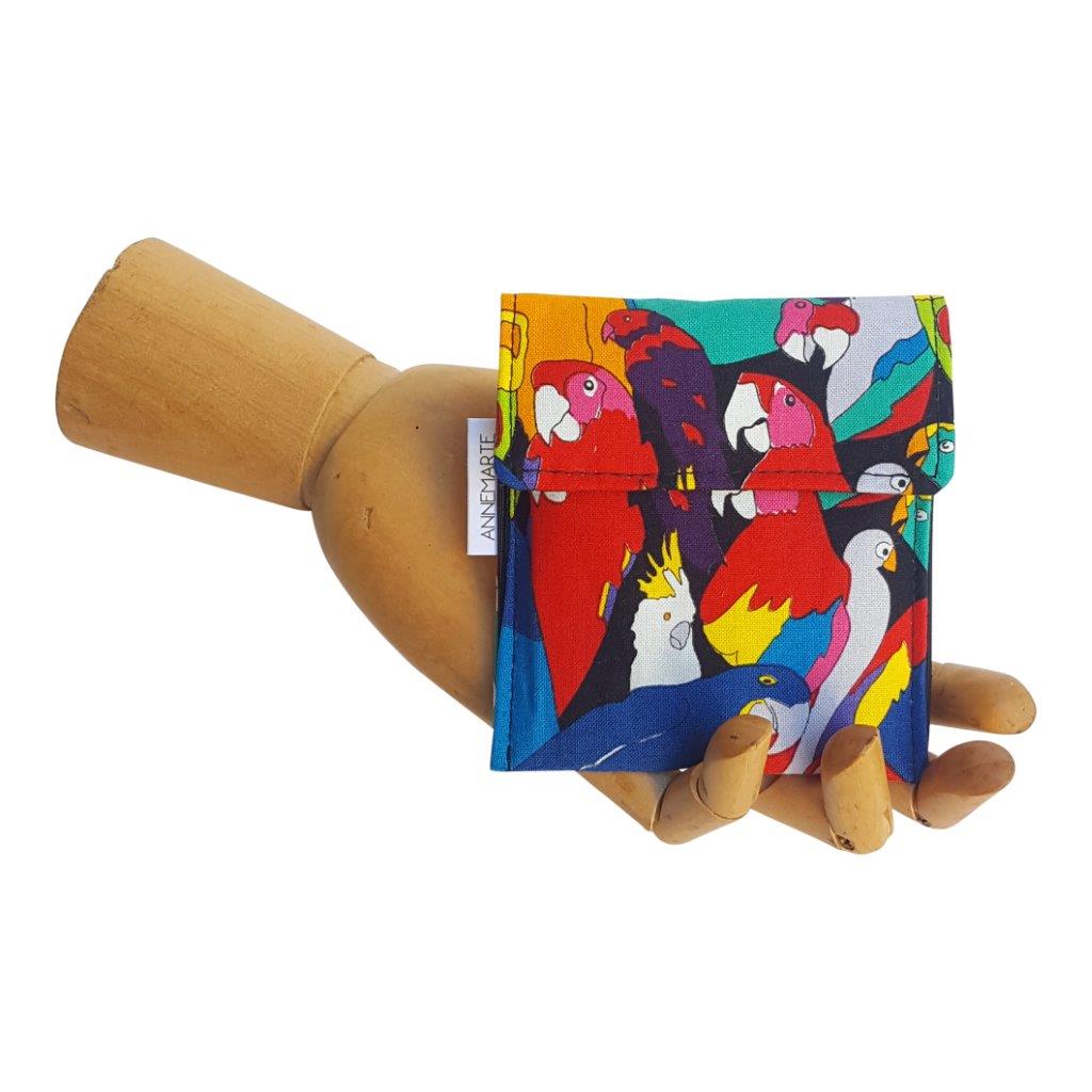 Parrot print fabric Velcro Mini Wallet by Anne Marie Beard. Handmade in Austin, Texas since 2004 y'all! annemarie mini wallet austin texas
