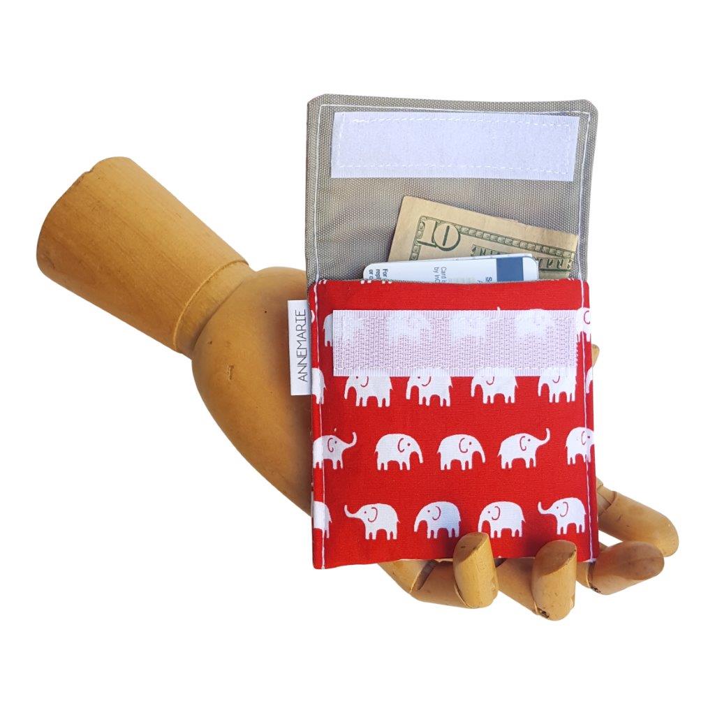 Red and White Elephant Print fabric Velcro Mini Wallet by Anne Marie Beard. Handmade in Austin, Texas since 2004 y'all! annemarie mini wallet austin texas