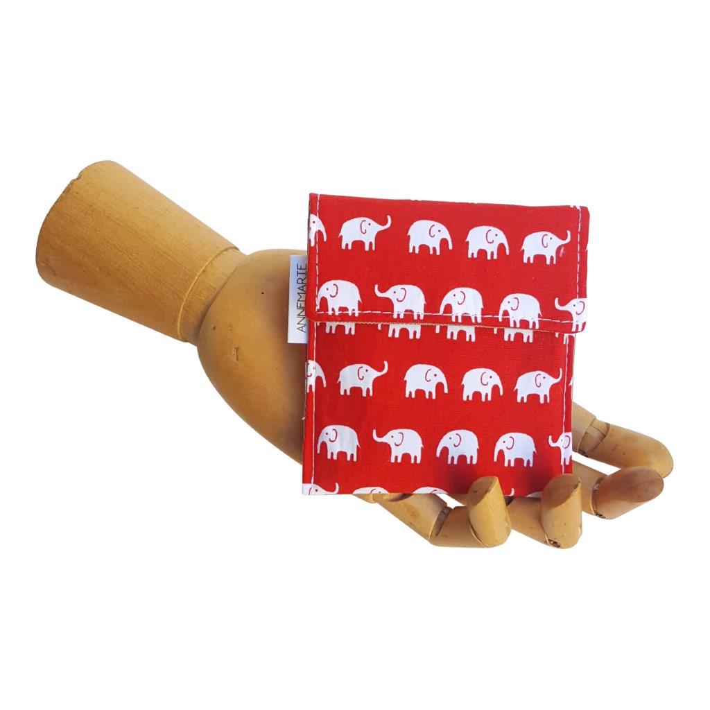 Red and White Elephant Print fabric Velcro Mini Wallet by Anne Marie Beard. Handmade in Austin, Texas since 2004 y'all! annemarie mini wallet austin texas