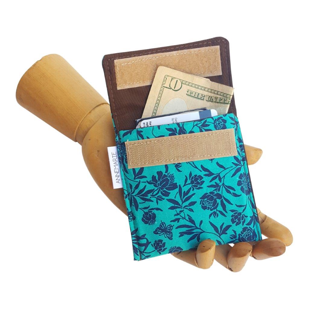 Teal Butterlfy print Velcro Mini Wallet by Anne Marie Beard. Handmade in Austin, Texas since 2004 y'all! annemarie mini wallet austin texas